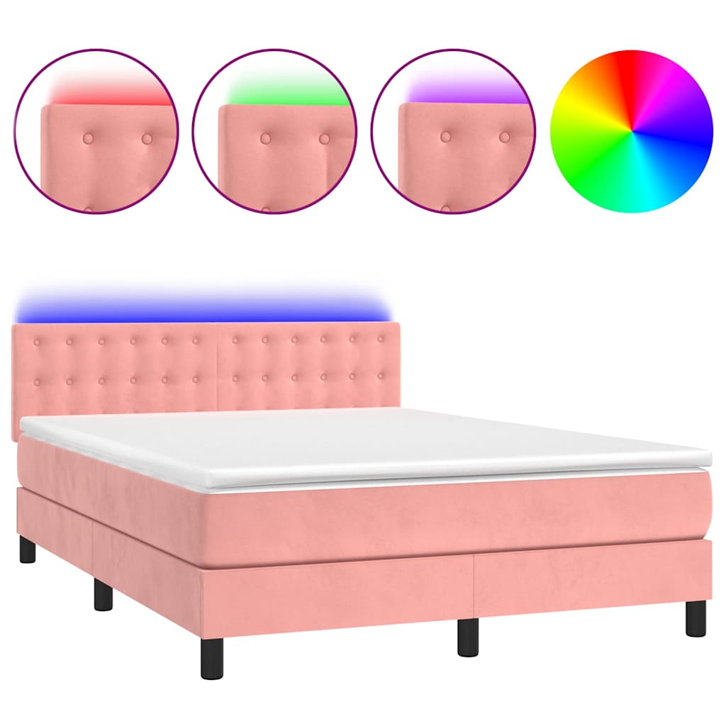 Krevet box spring s madracem LED ružičasti 140x190cm baršunasti