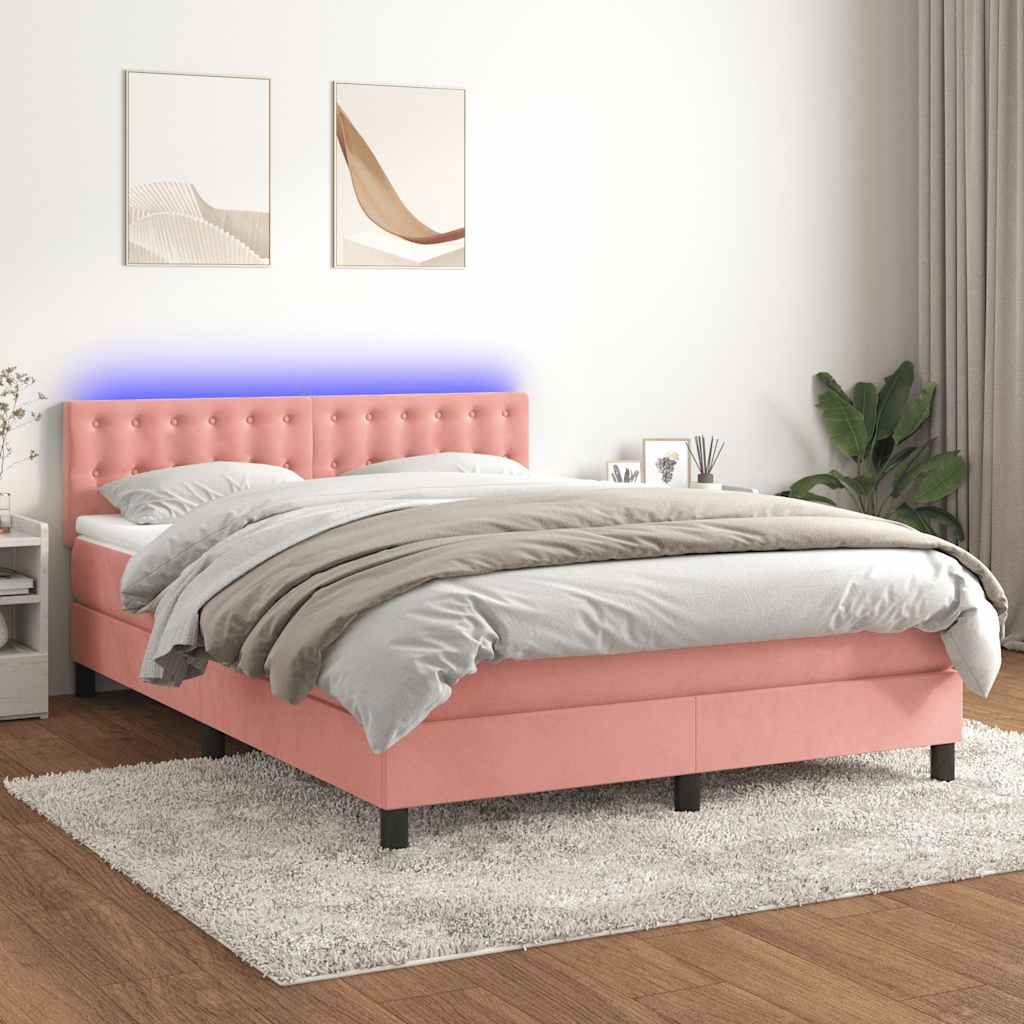 Krevet box spring s madracem LED ružičasti 140x190cm baršunasti