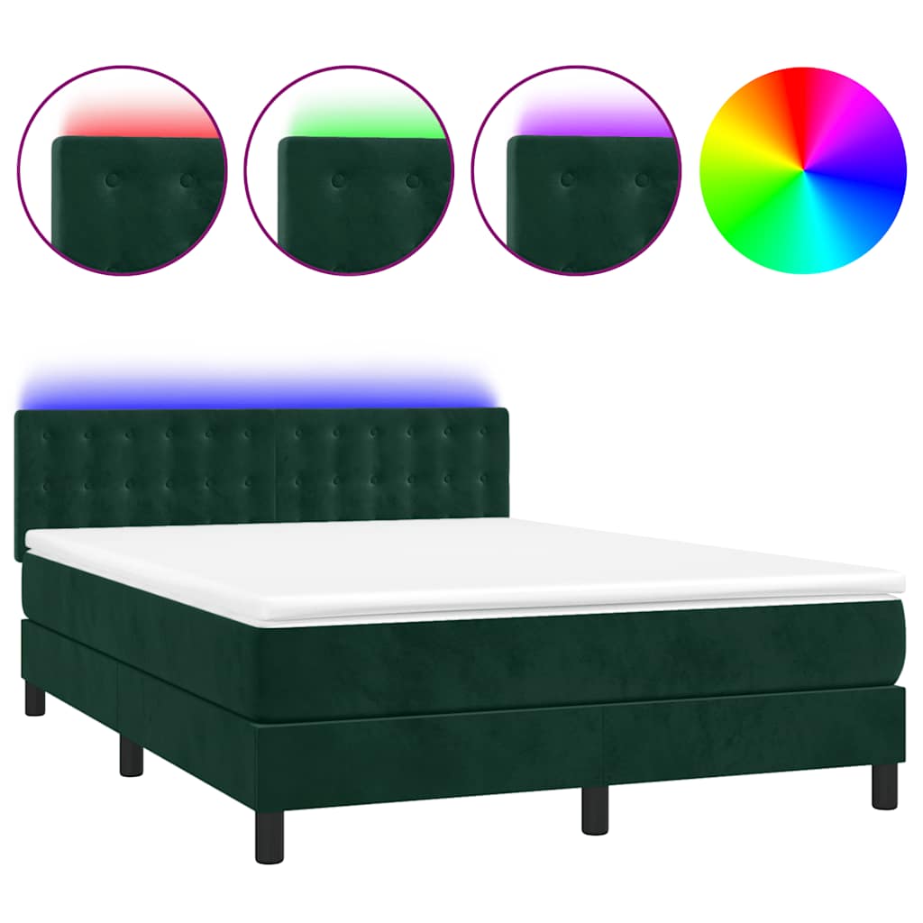 Krevet box spring s madracem LED tamnozeleni 140x200 cm baršun