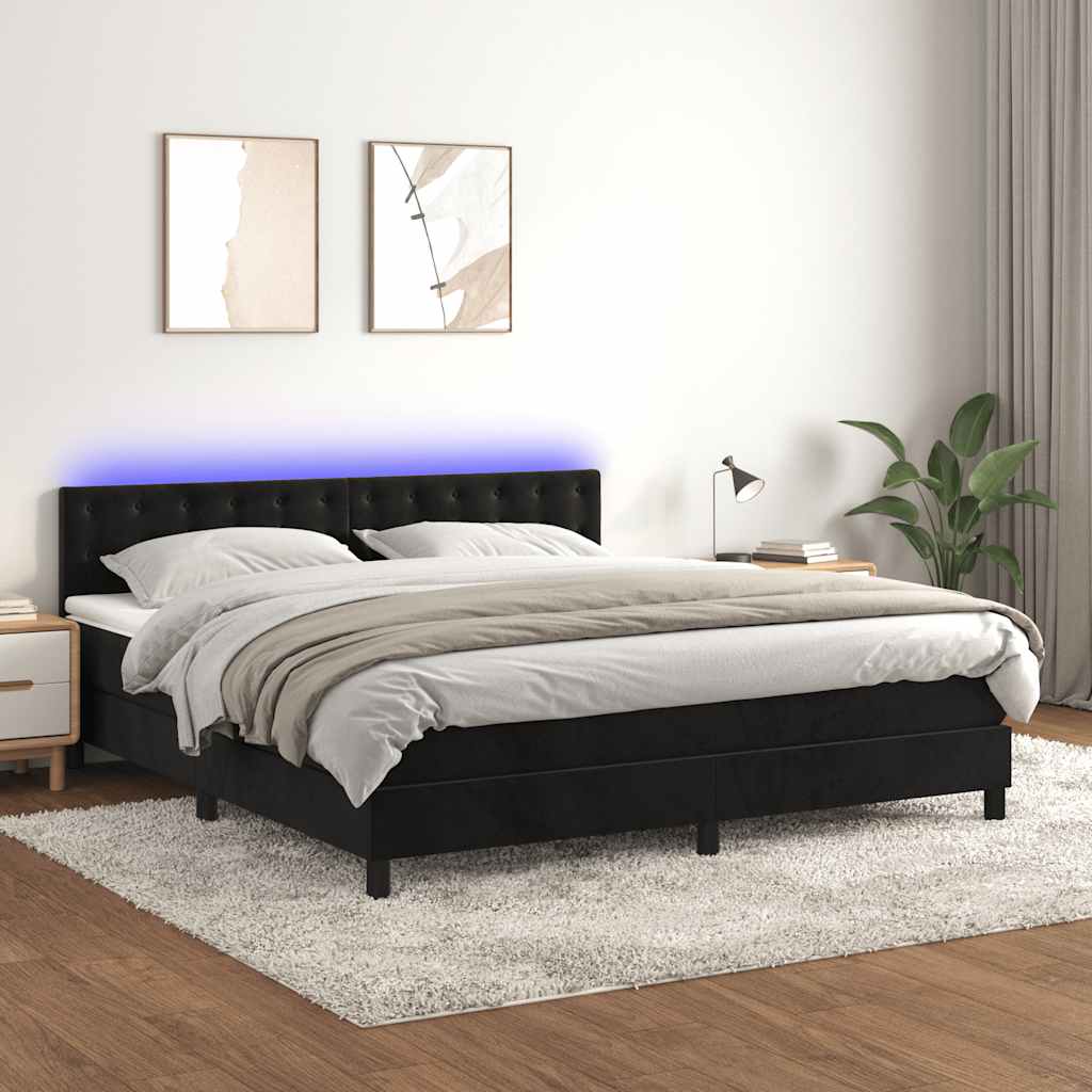 Krevet box spring s madracem LED crni 160x200 cm baršun