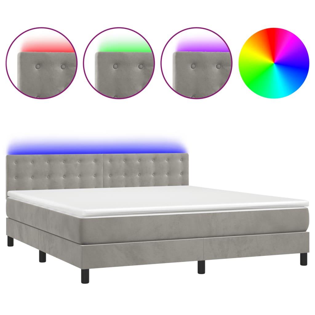 Krevet box spring s madracem LED svjetlosivi 180x200 cm baršun