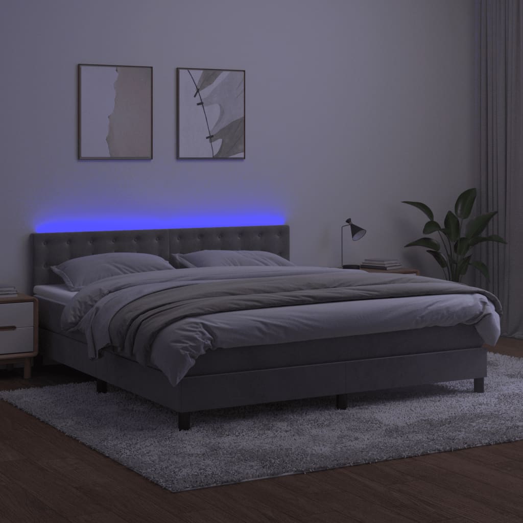 Krevet box spring s madracem LED svjetlosivi 180x200 cm baršun