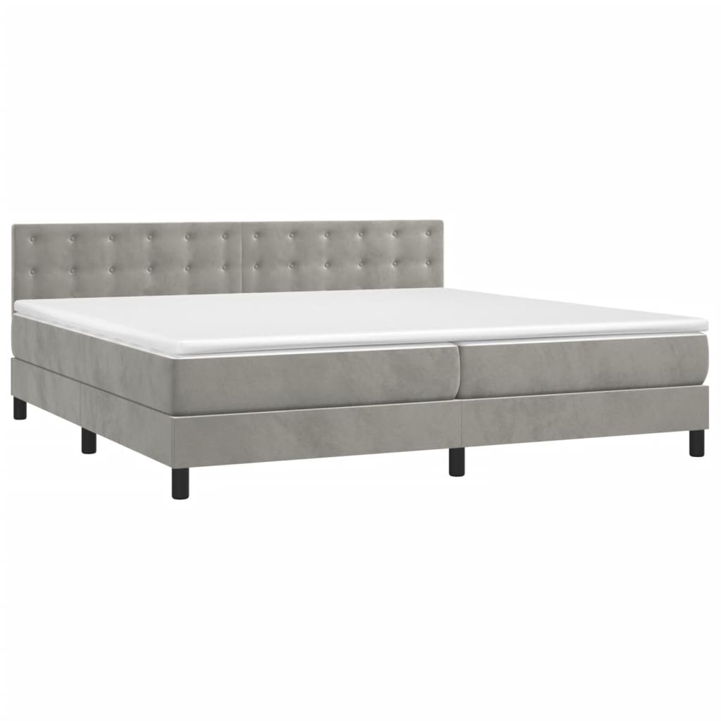 Krevet box spring s madracem LED svjetlosivi 200x200 cm baršun