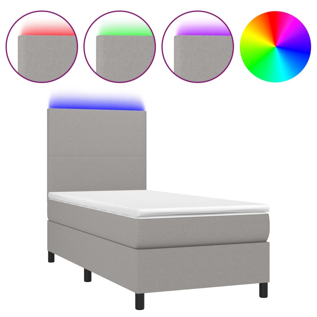 Krevet box spring s madracem LED svjetlosivi 90x200 cm tkanina
