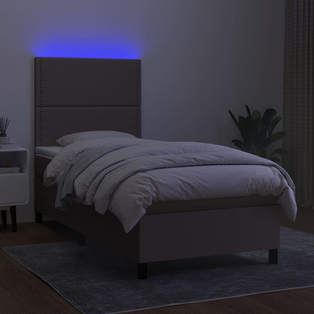 Krevet box spring s madracem LED smeđesivi 90x190 cm tkanina