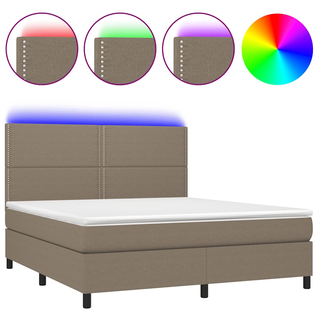Krevet box spring s madracem LED smeđesivi 180x200 cm tkanina