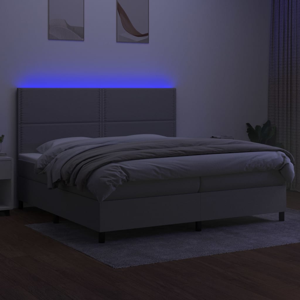 Krevet box spring s madracem LED svjetlosivi 200x200 cm tkanina