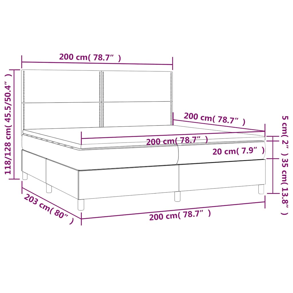 Krevet box spring s madracem LED svjetlosivi 200x200 cm tkanina