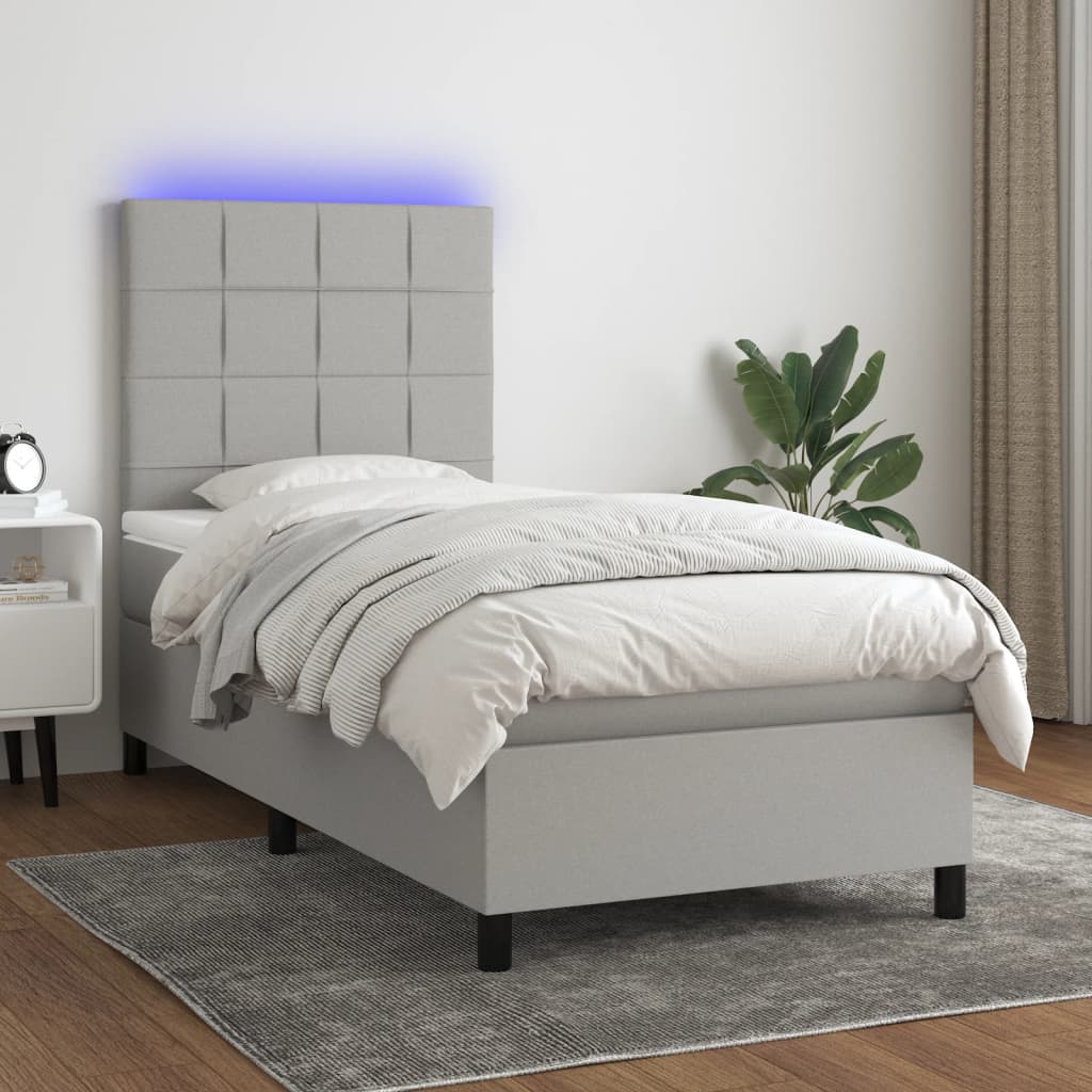 Krevet box spring s madracem LED svjetlosivi 90x200 cm tkanina