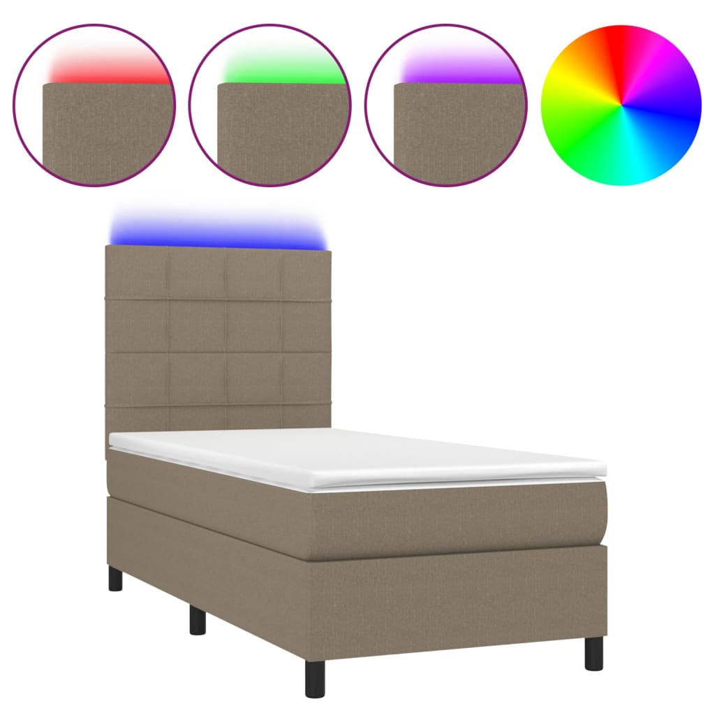 Krevet box spring s madracem LED smeđesivi 100x200 cm tkanina