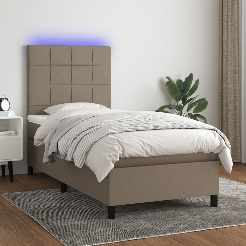 Krevet box spring s madracem LED smeđesivi 100x200 cm tkanina