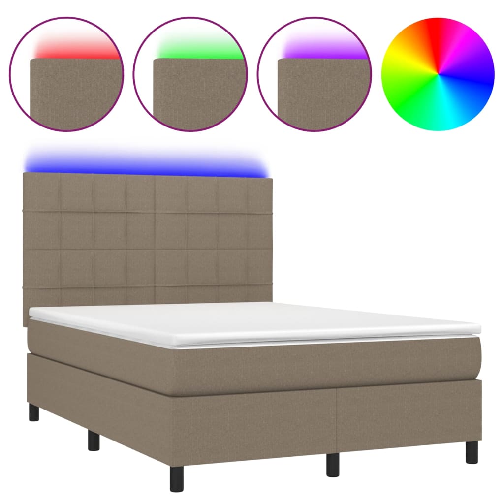 Krevet box spring s madracem LED smeđesivi 140x190 cm tkanina