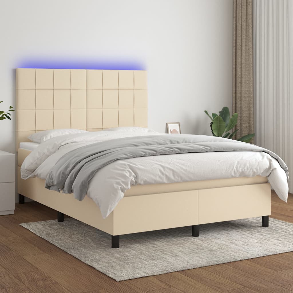 Krevet box spring s madracem LED krem 140x200 cm od tkanine