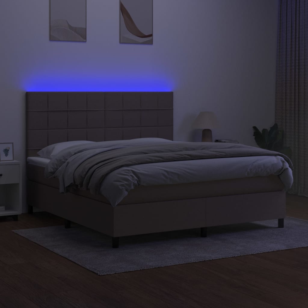 Krevet box spring s madracem LED smeđesivi 160x200 cm tkanina