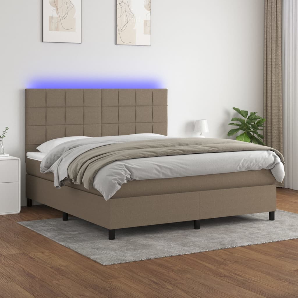 Krevet box spring s madracem LED smeđesivi 160x200 cm tkanina