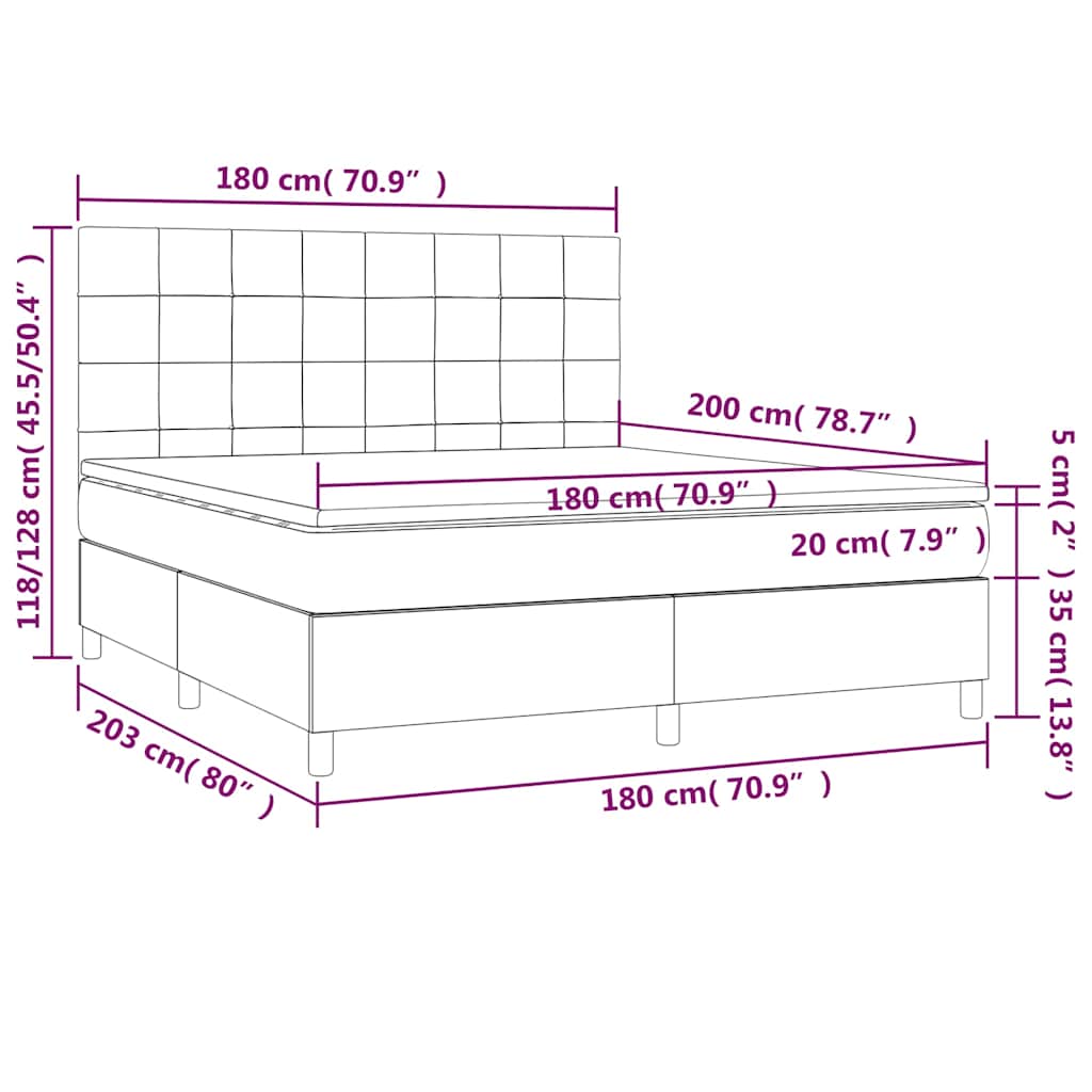 Krevet box spring s madracem LED svjetlosivi 180x200 cm tkanina