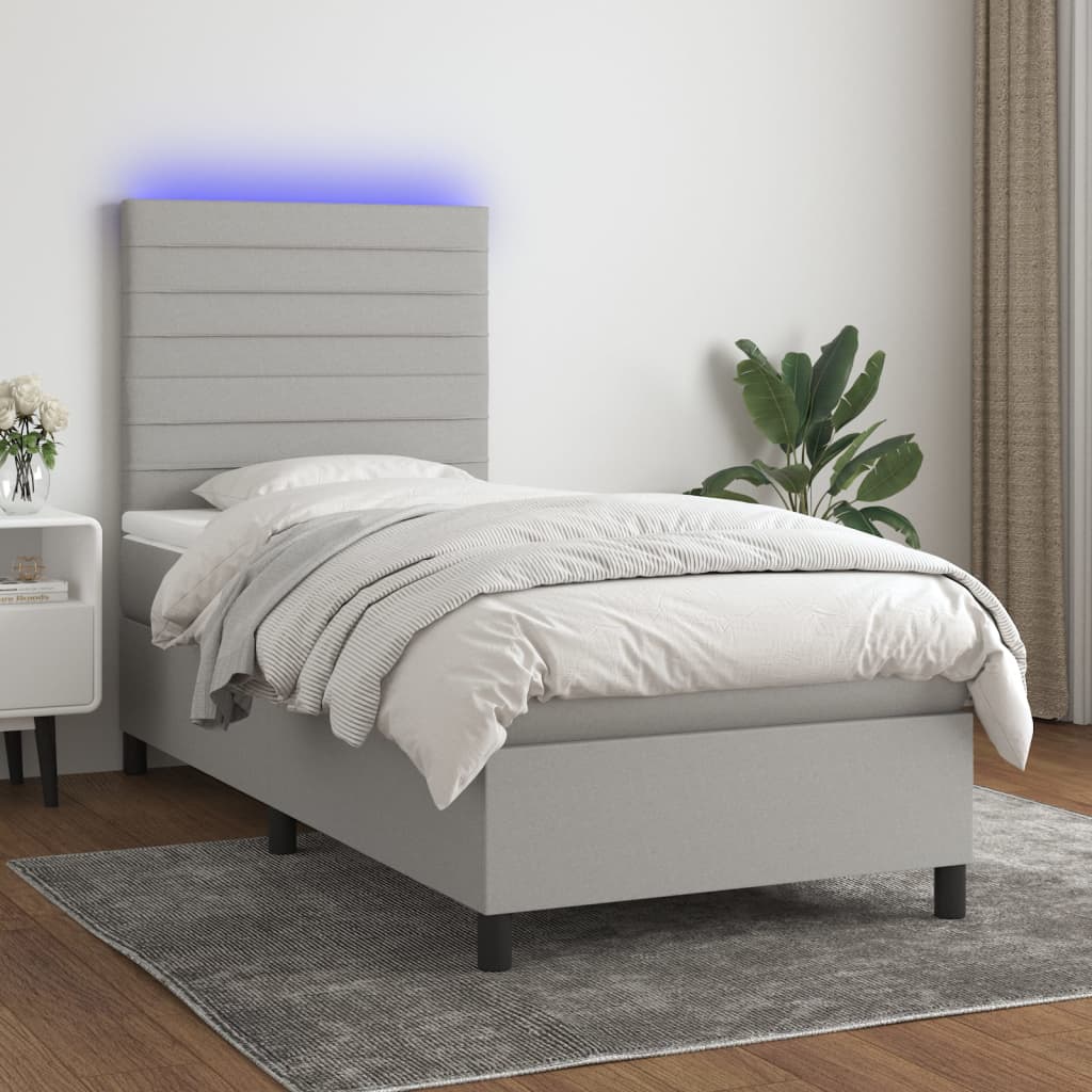 Krevet box spring s madracem LED svjetlosivi 90x200 cm tkanina
