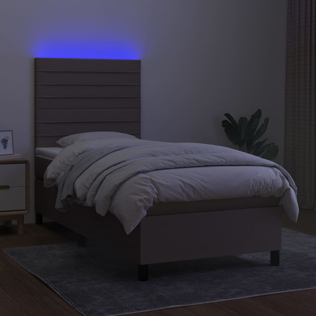 Krevet box spring s madracem LED smeđesivi 90x200 cm tkanina