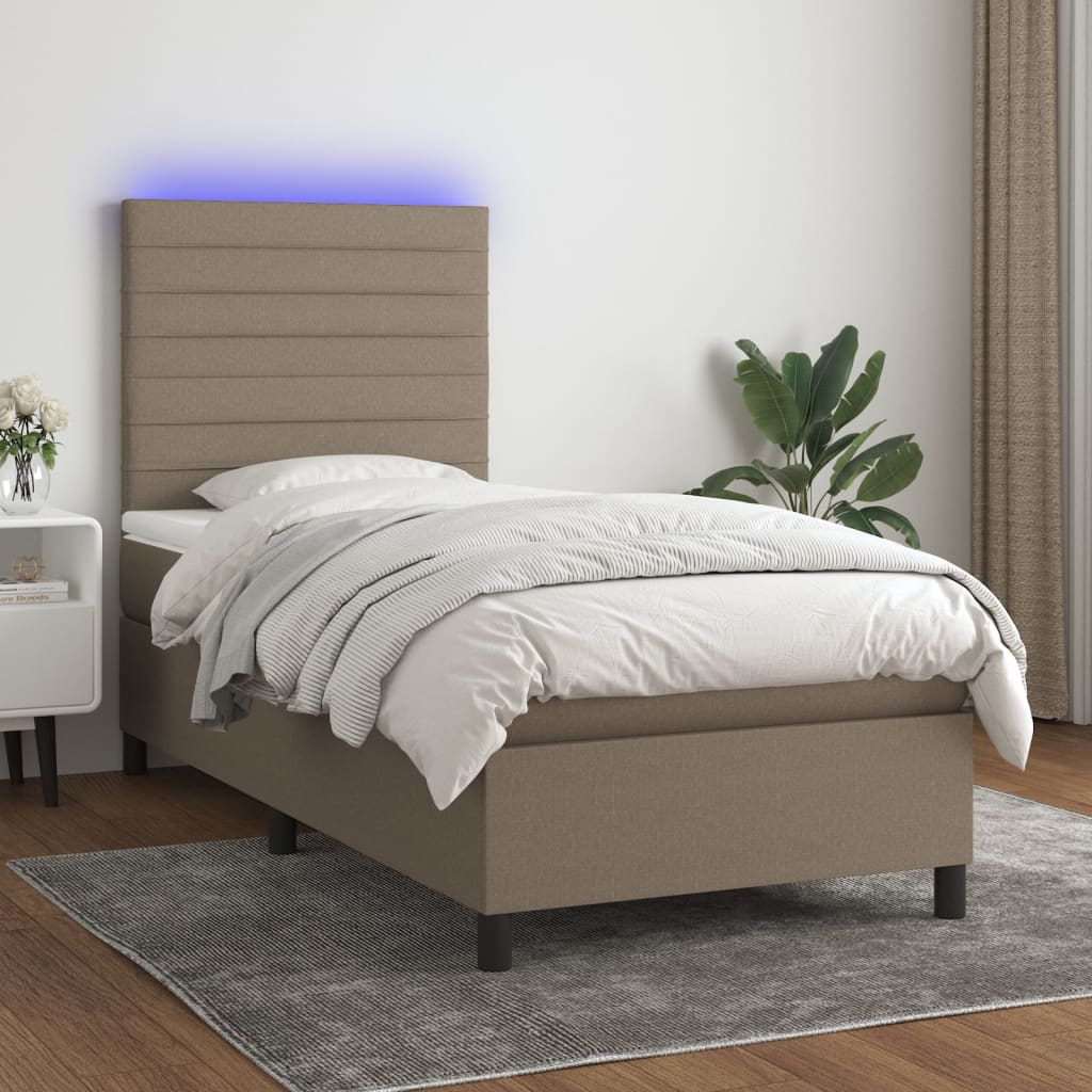 Krevet box spring s madracem LED smeđesivi 90x200 cm tkanina