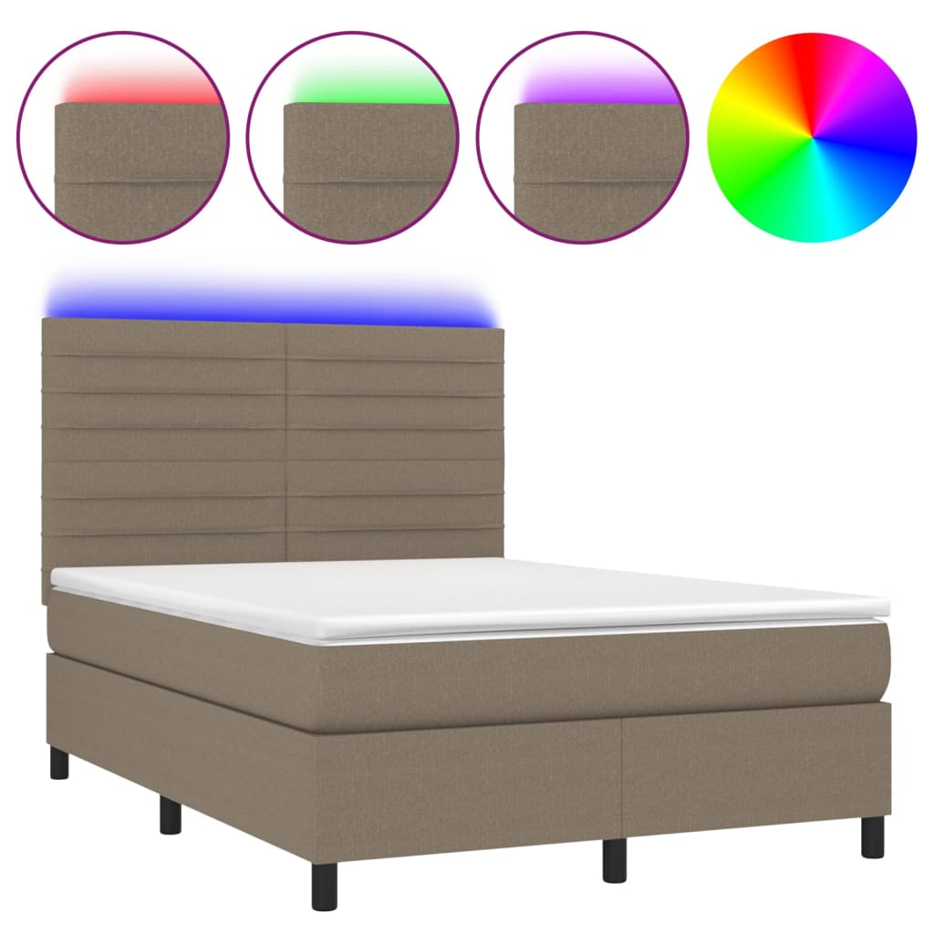 Krevet box spring s madracem LED smeđesivi 140x200 cm tkanina
