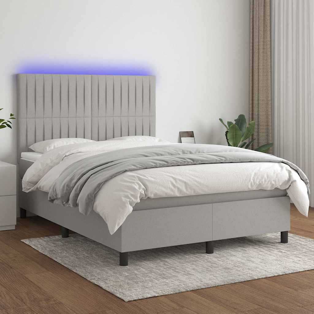 Krevet box spring s madracem LED svjetlosivi 140x200 cm tkanina