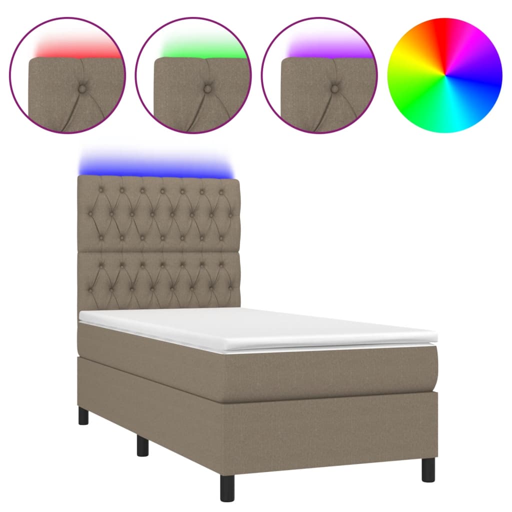 Krevet box spring s madracem LED smeđesivi 90x190 cm tkanina
