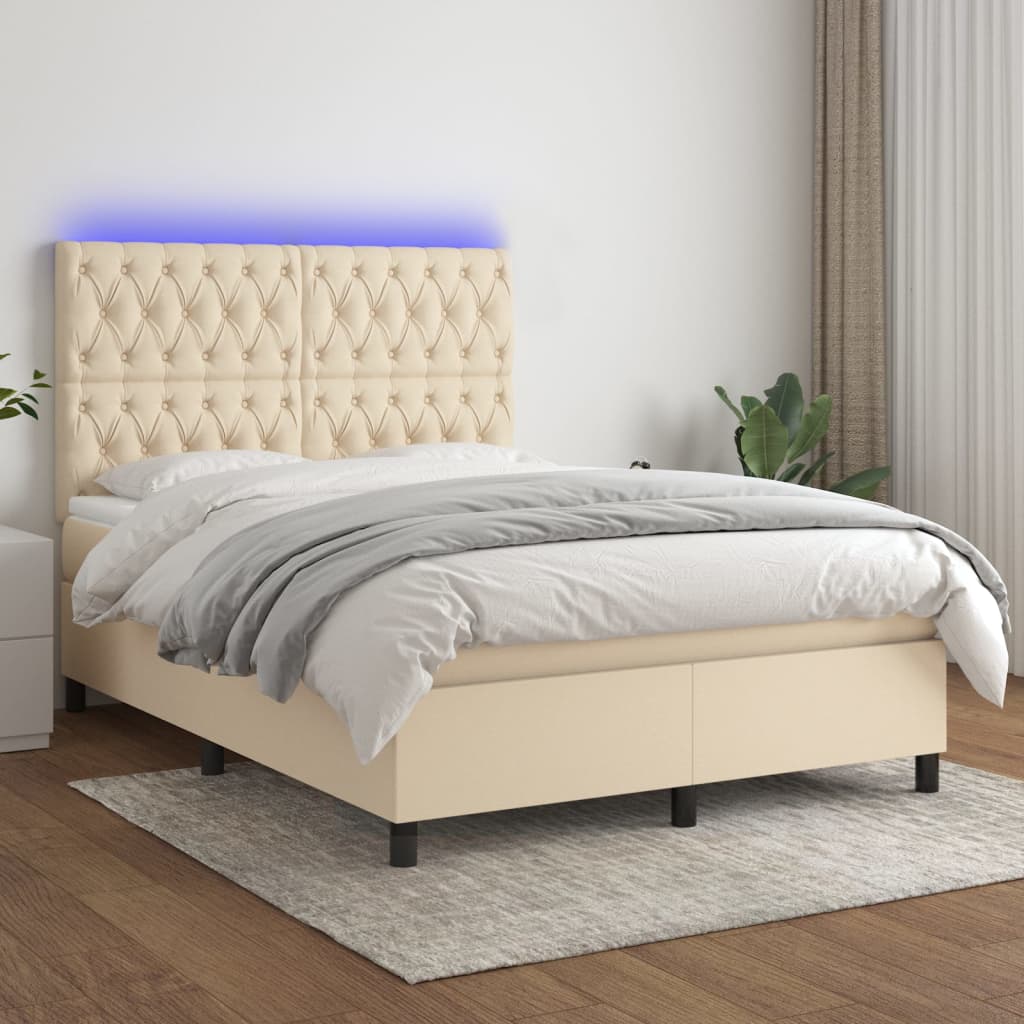Krevet box spring s madracem LED krem 140x190 cm od tkanine