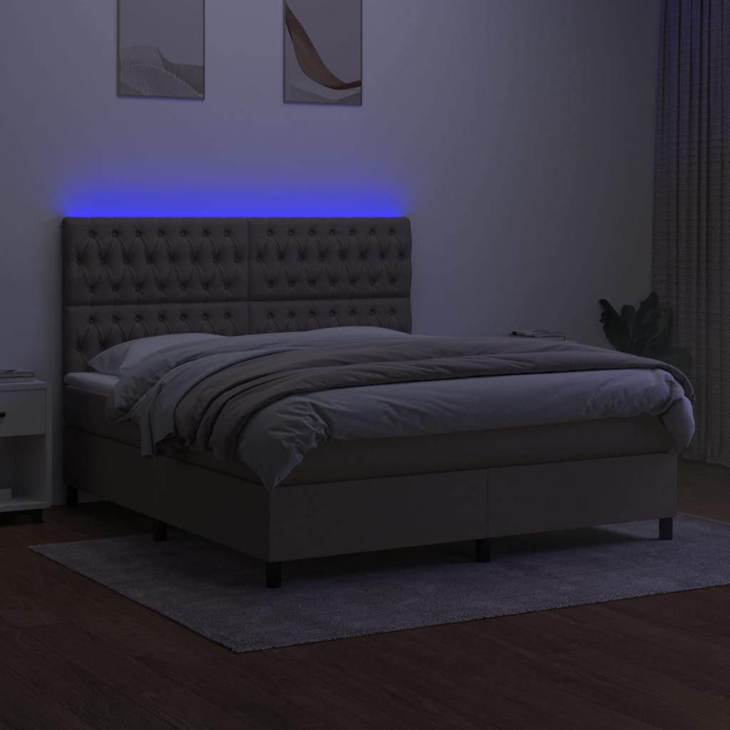 Krevet box spring s madracem LED smeđesivi 160x200 cm tkanina