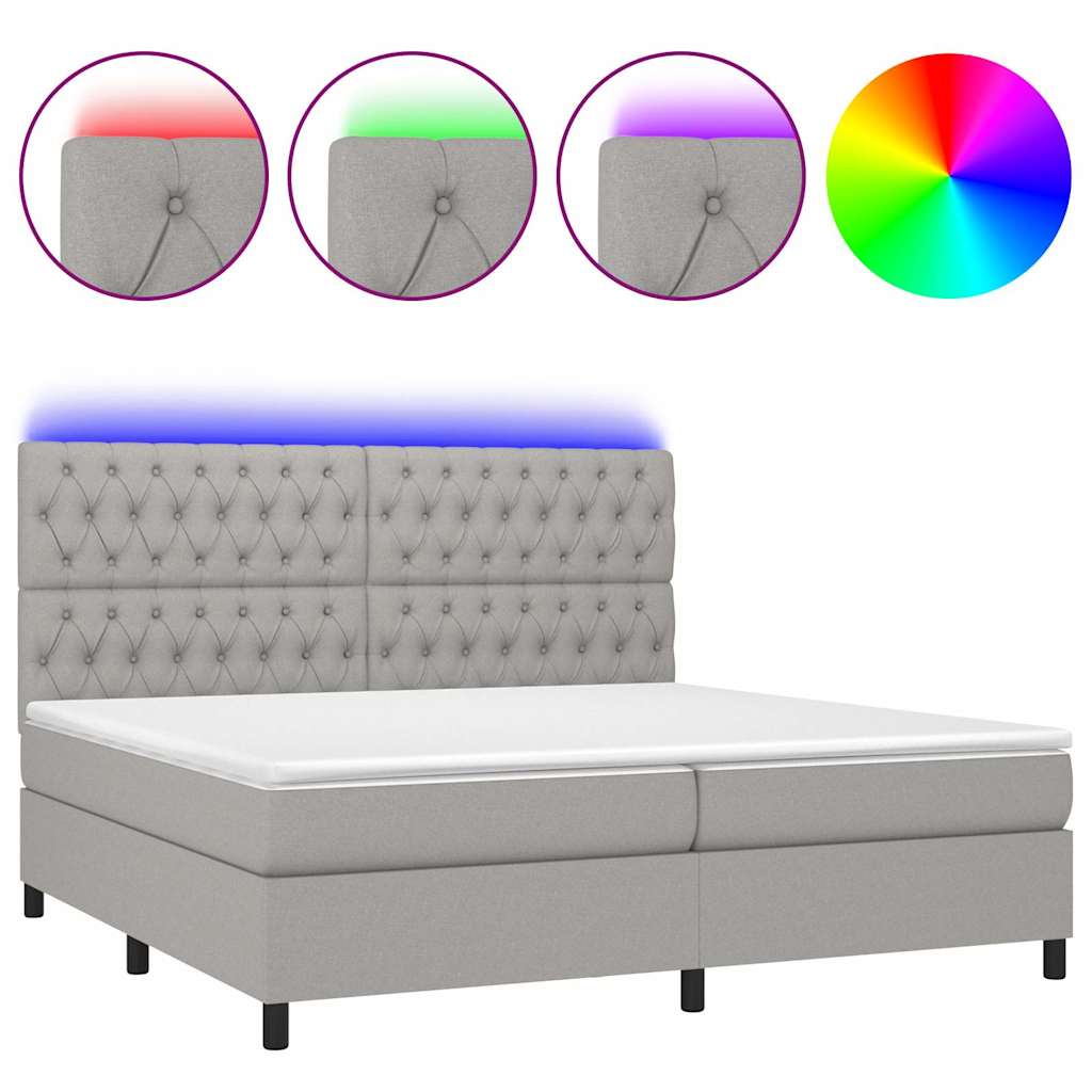 Krevet box spring s madracem LED svjetlosivi 200x200 cm tkanina