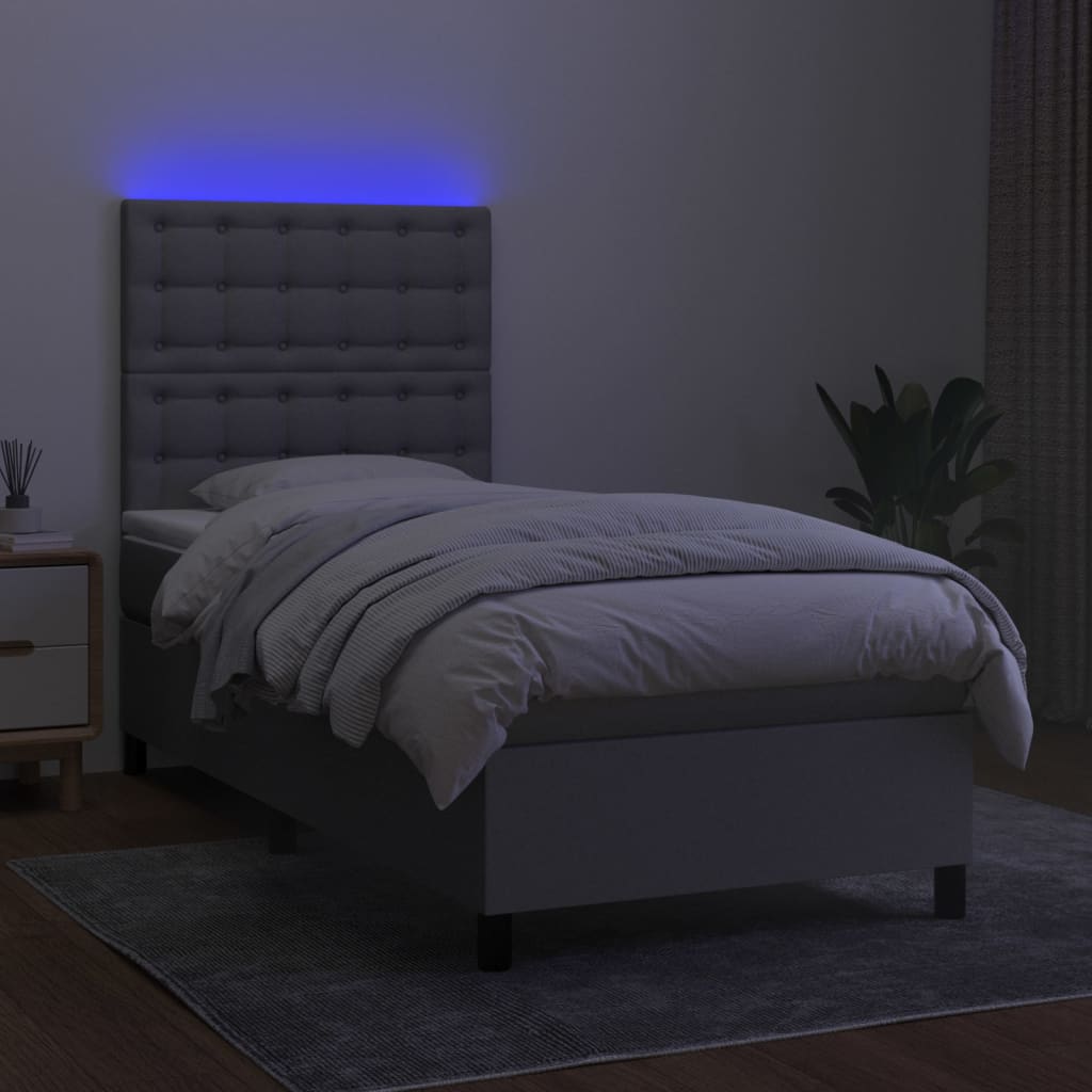 Krevet box spring s madracem LED svjetlosivi 90x190 cm tkanina