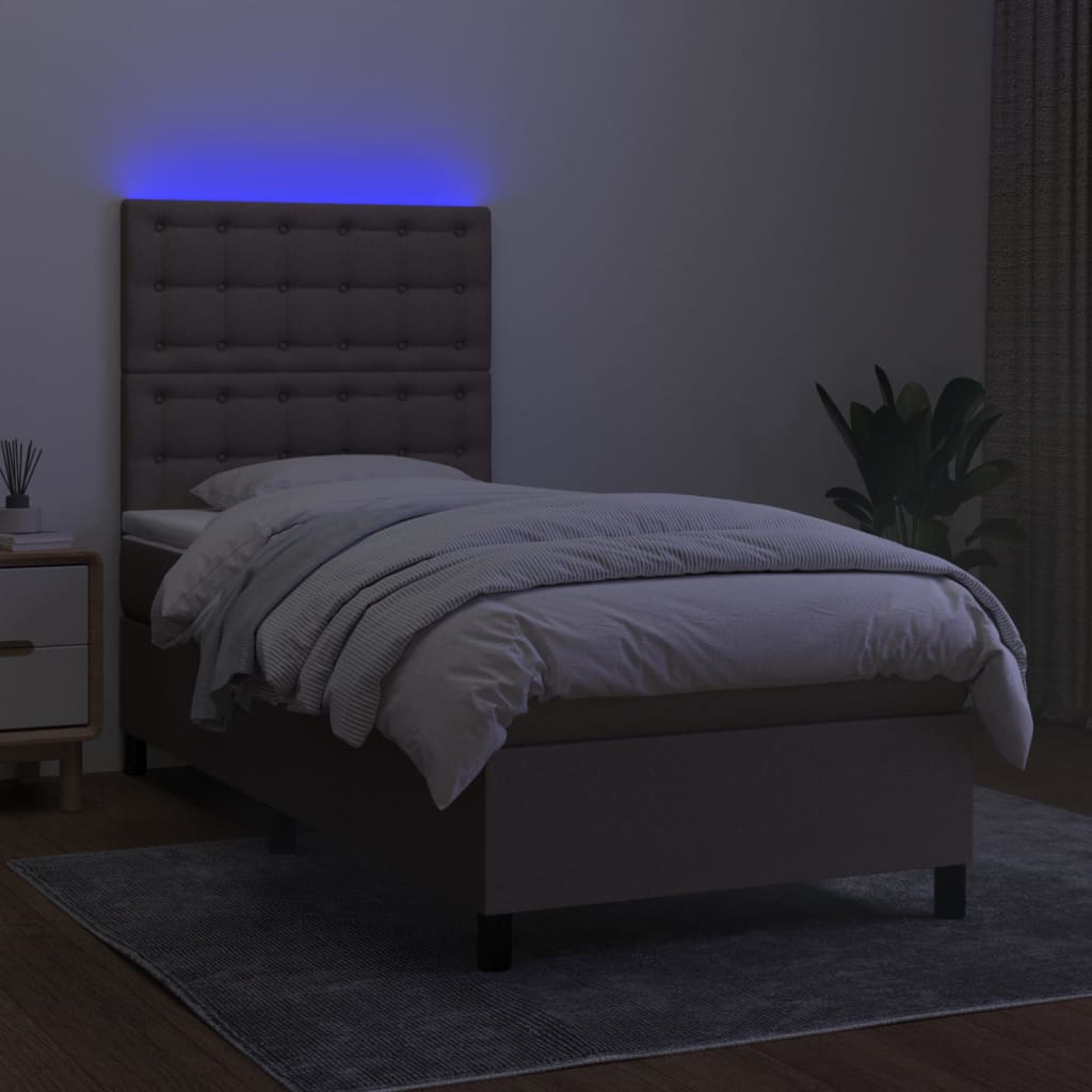 Krevet box spring s madracem LED smeđesivi 90x190 cm tkanina