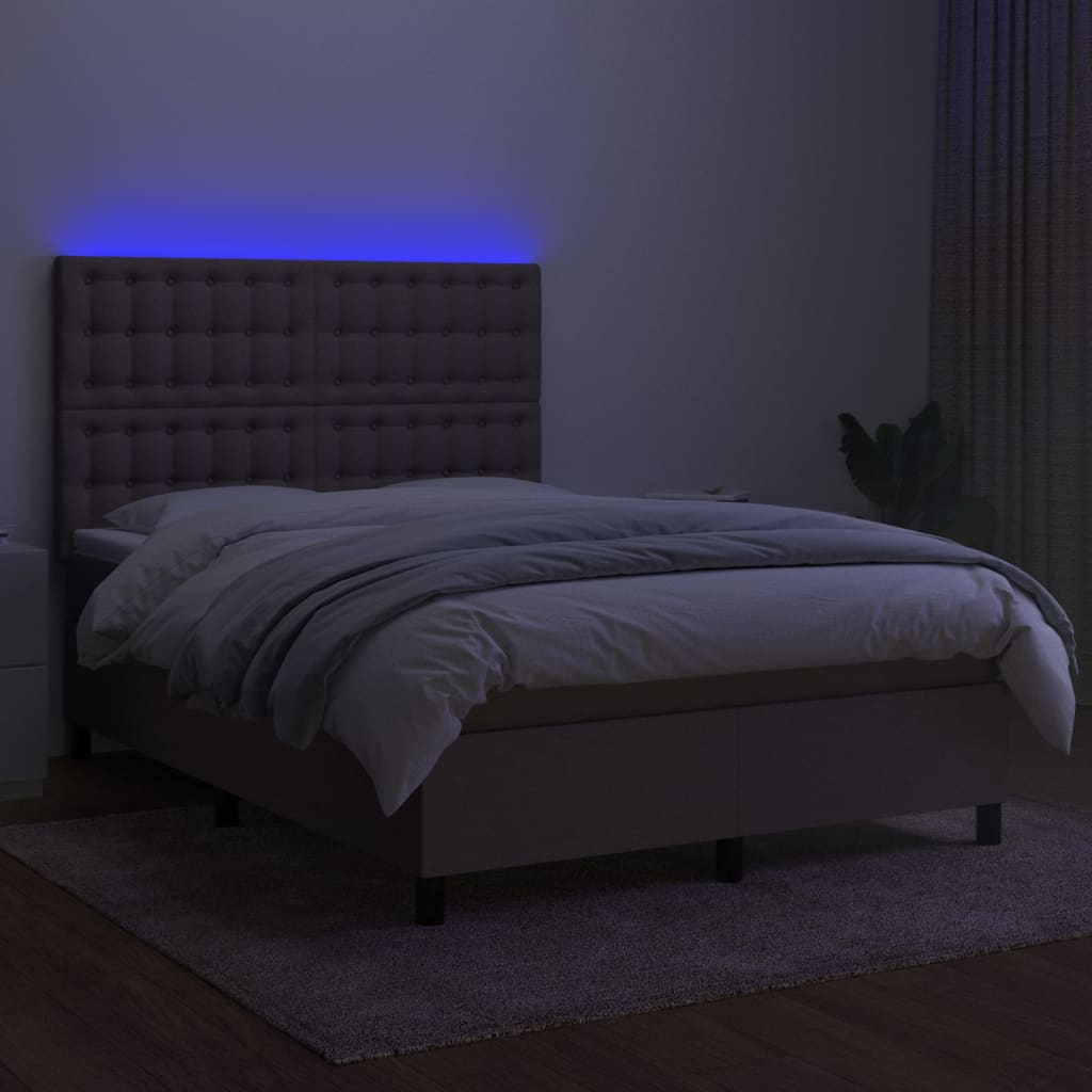 Krevet box spring s madracem LED smeđesivi 140x200 cm tkanina