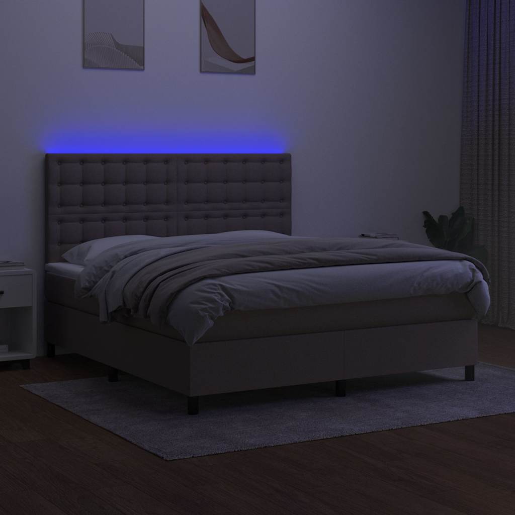 Krevet box spring s madracem LED smeđesivi 180x200 cm tkanina