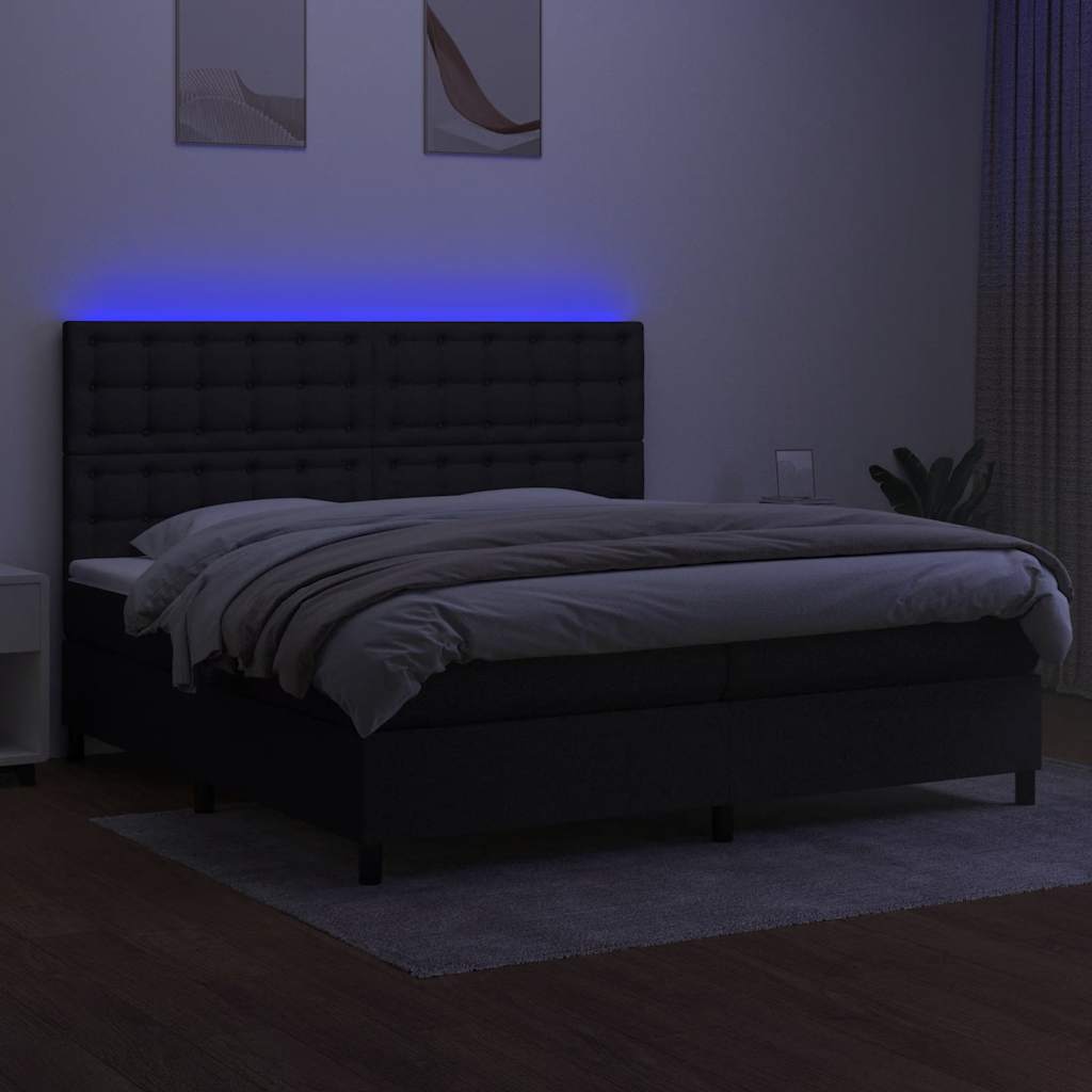 Krevet box spring s madracem LED crni 200x200 cm od tkanine