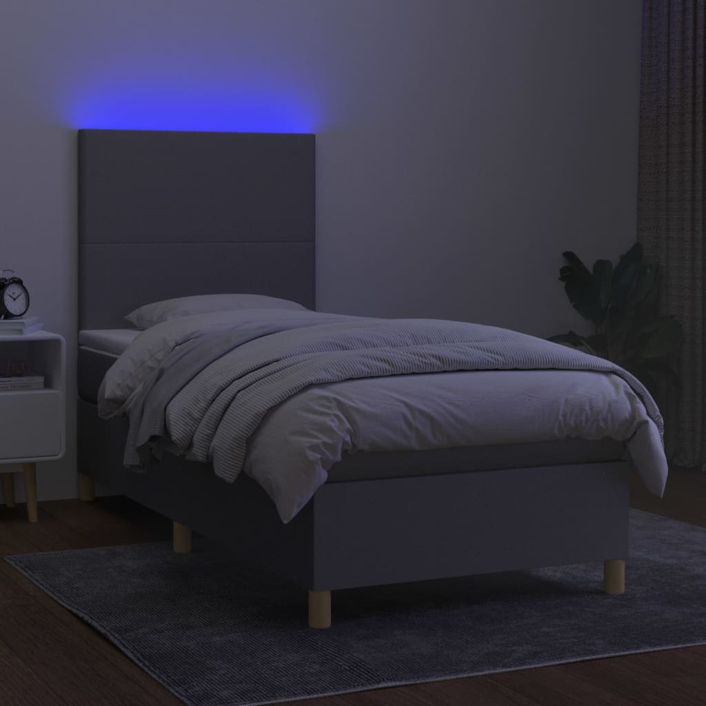 Krevet box spring s madracem LED svjetlosivi 90x190 cm tkanina