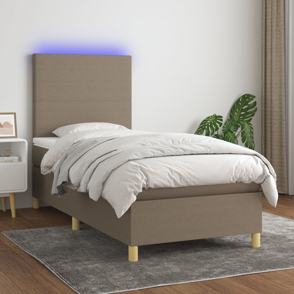 Krevet box spring s madracem LED smeđesivi 90x190 cm tkanina