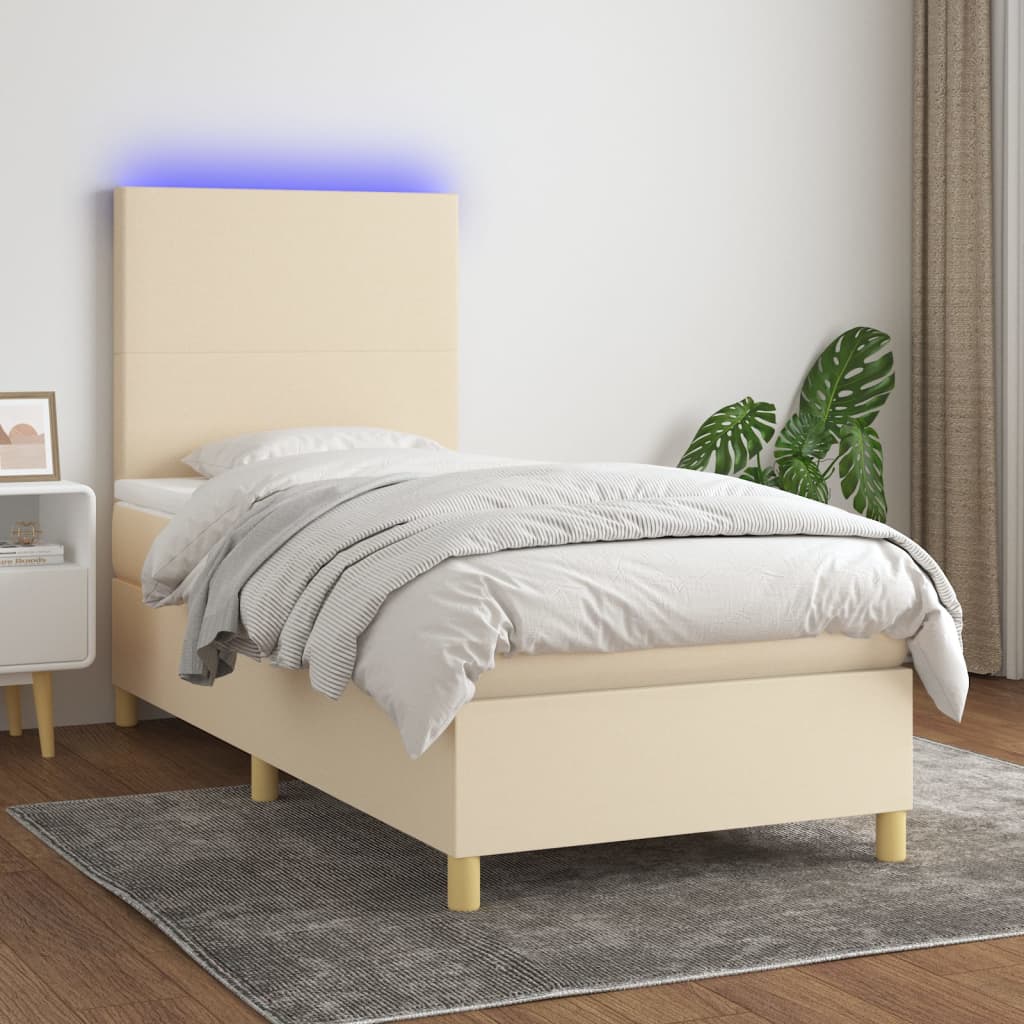 Krevet box spring s madracem LED krem 90x190 cm od tkanine
