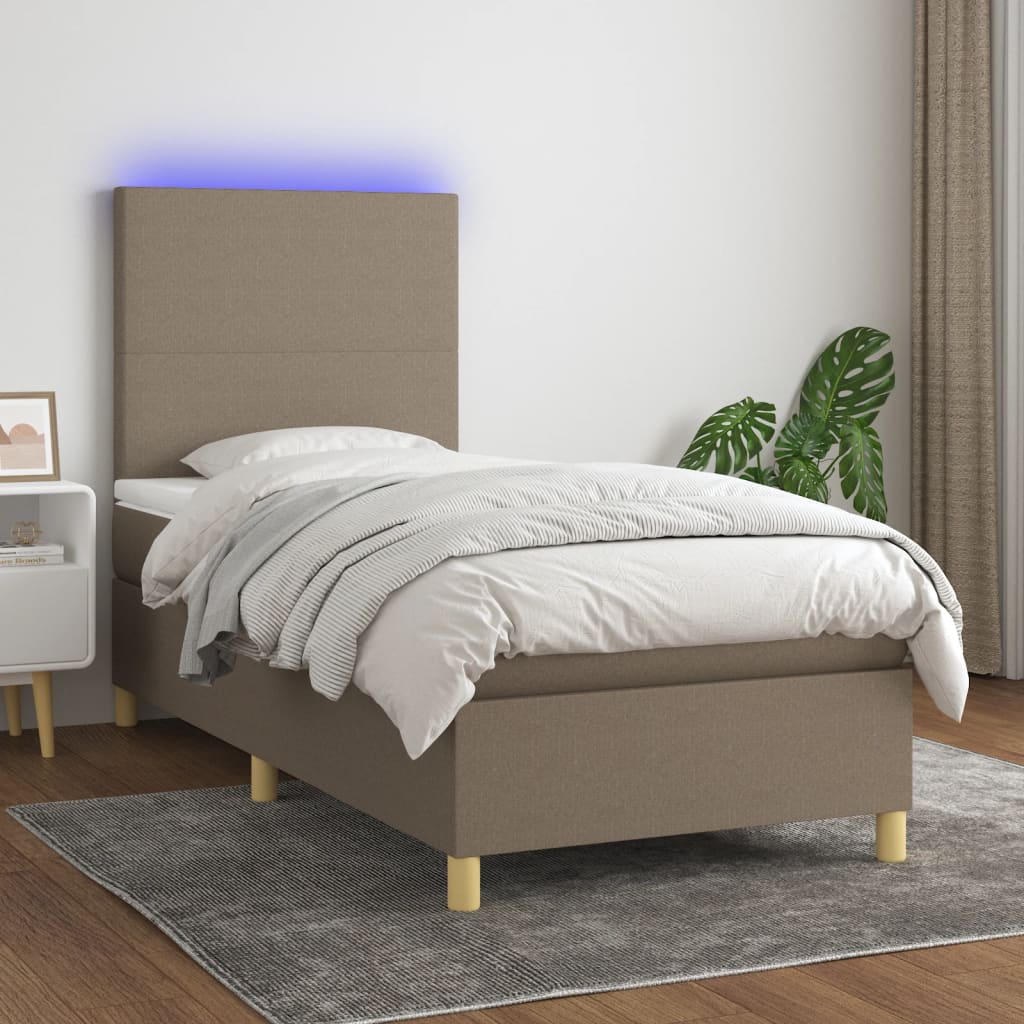 Krevet box spring s madracem LED smeđesivi 90x200 cm tkanina