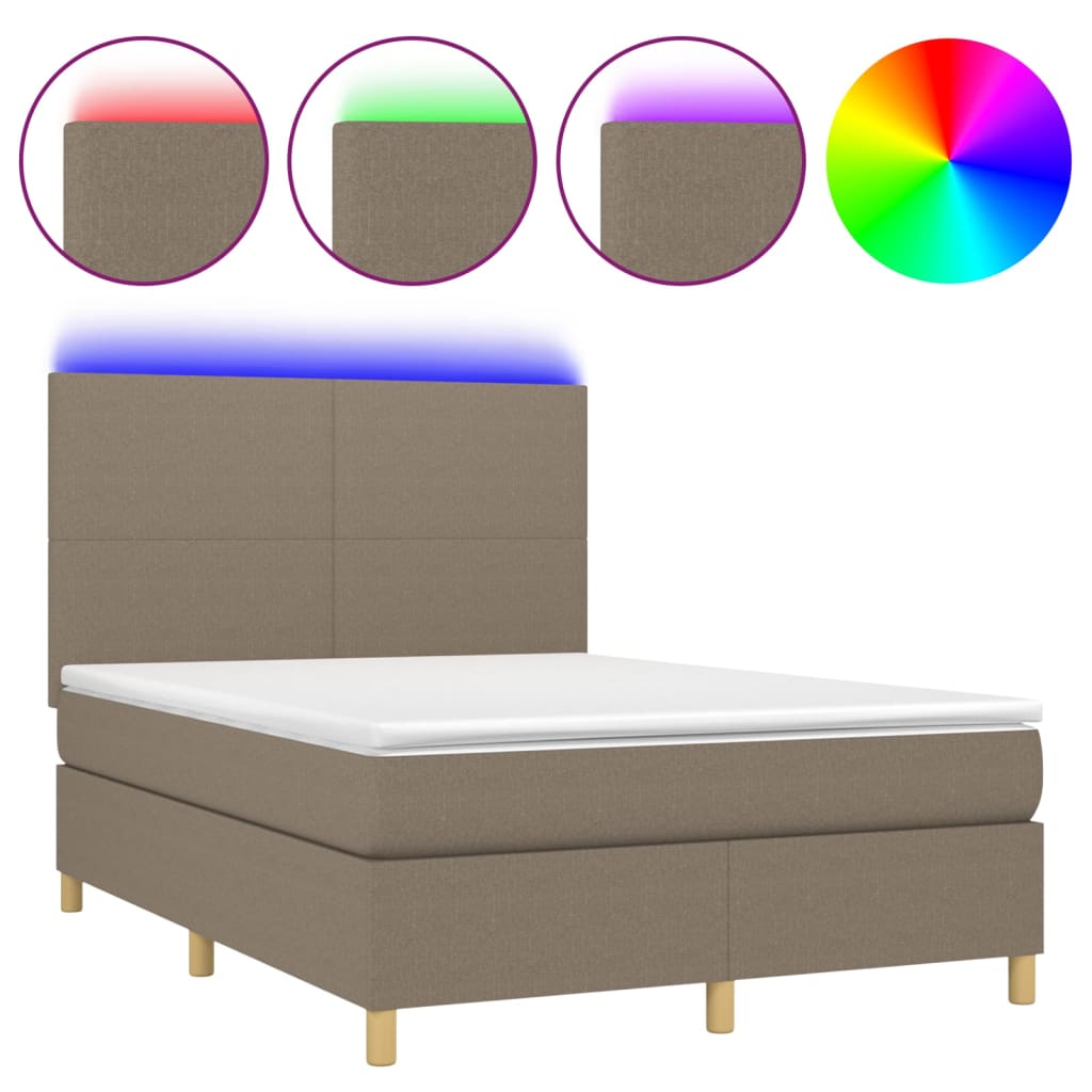 Krevet box spring s madracem LED smeđesivi 140x190 cm tkanina
