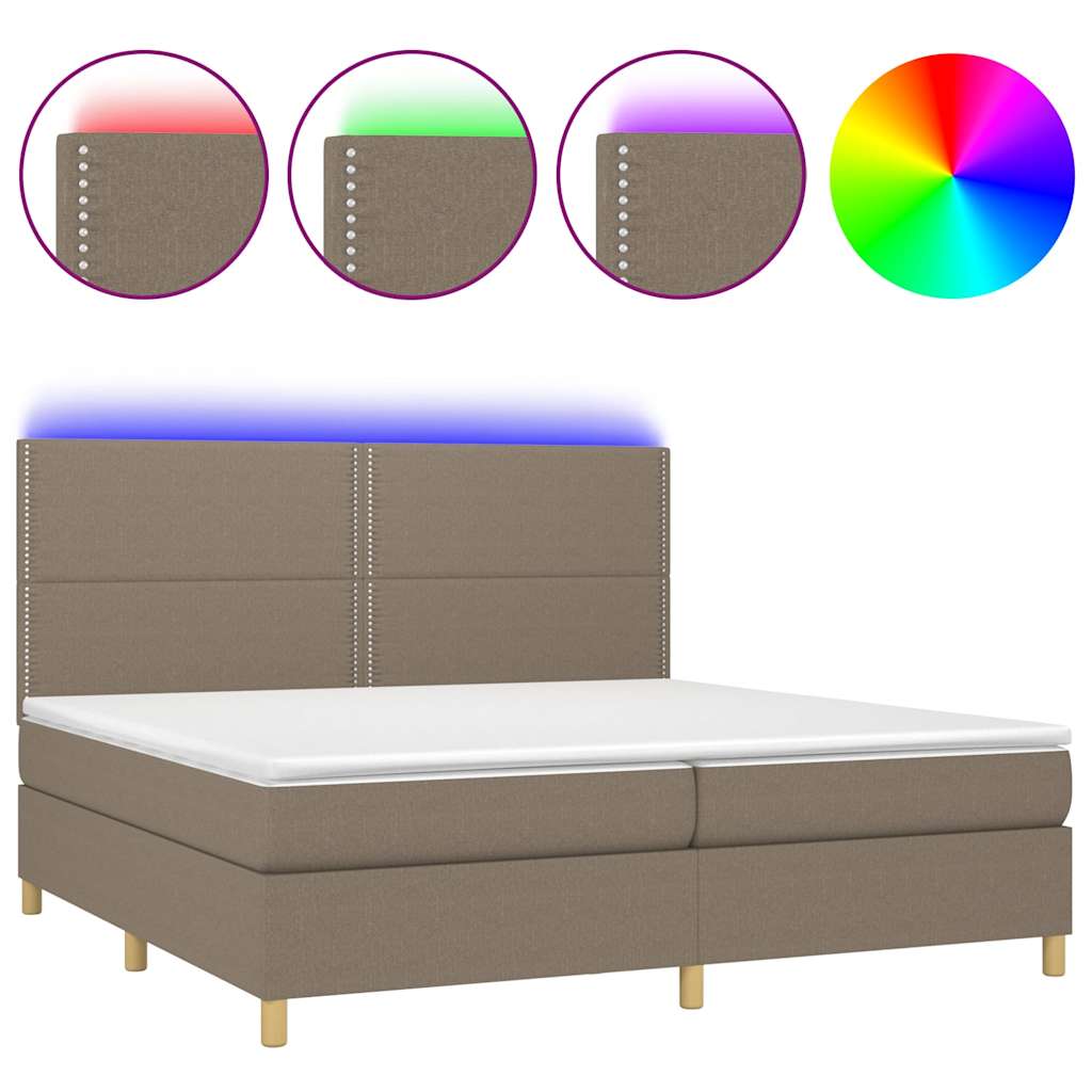 Krevet box spring s madracem LED smeđesivi 200x200 cm tkanina