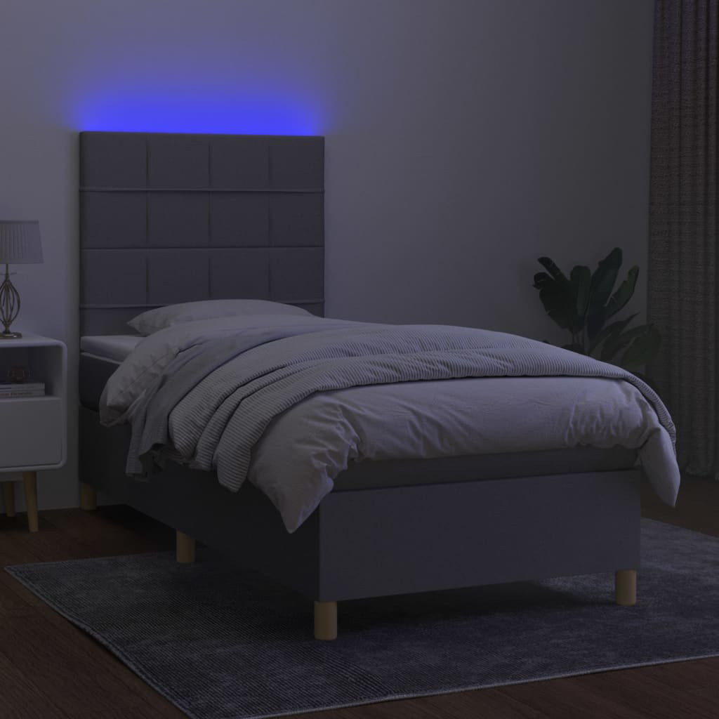 Krevet box spring s madracem LED svjetlosivi 100x200 cm tkanina