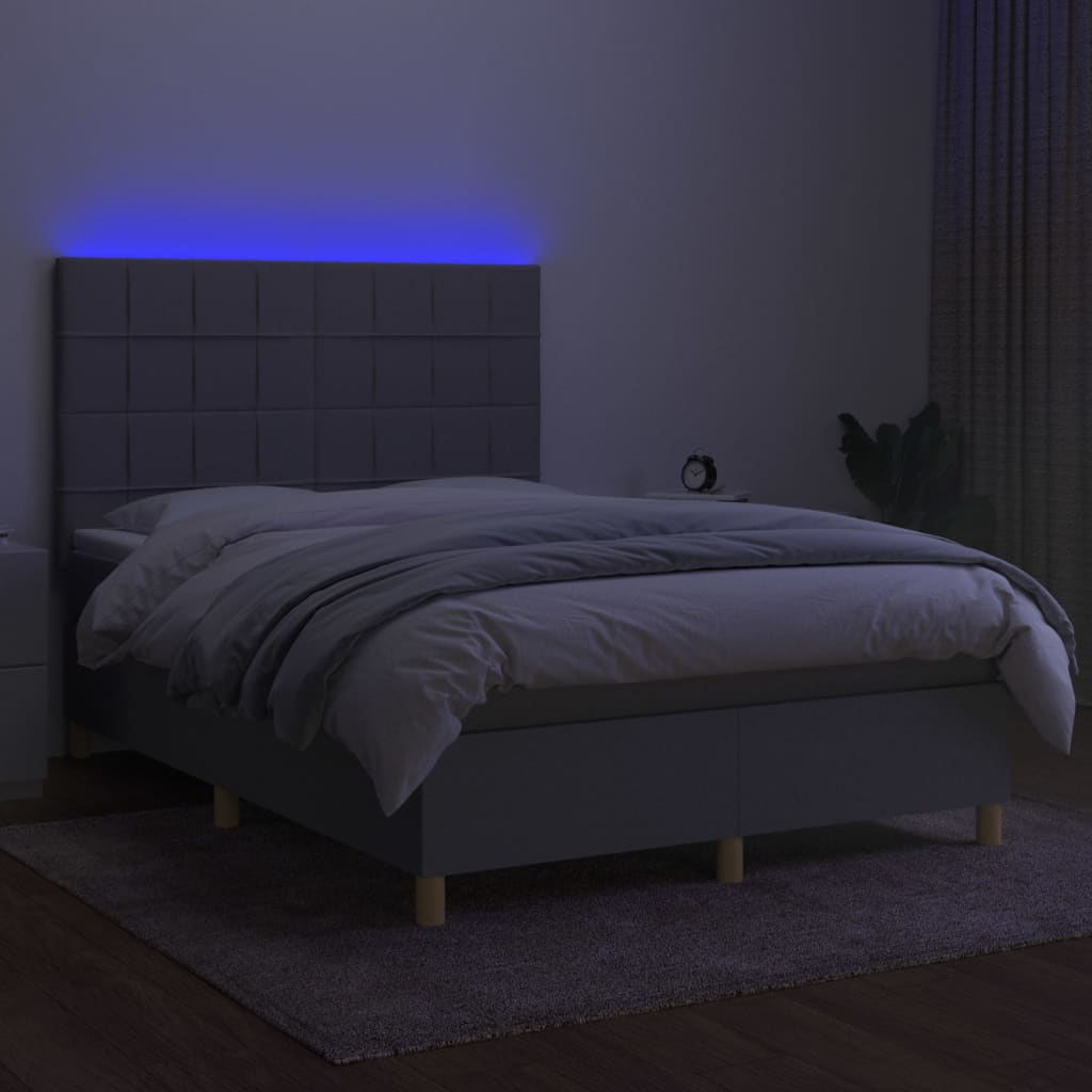 Krevet box spring s madracem LED svjetlosivi 140x190 cm tkanina