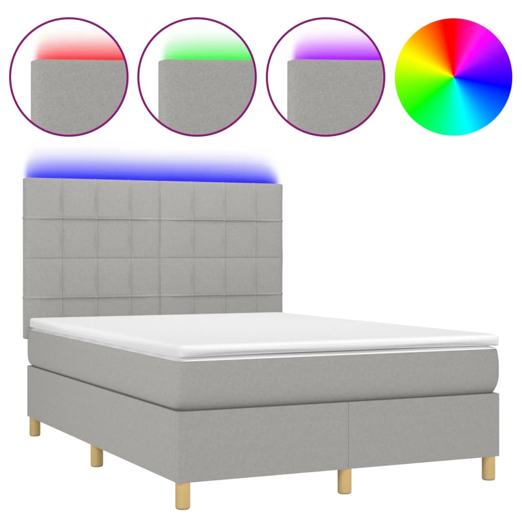Krevet box spring s madracem LED svjetlosivi 140x200 cm tkanina