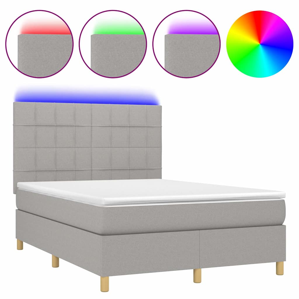 Krevet box spring s madracem LED svjetlosivi 140x200 cm tkanina