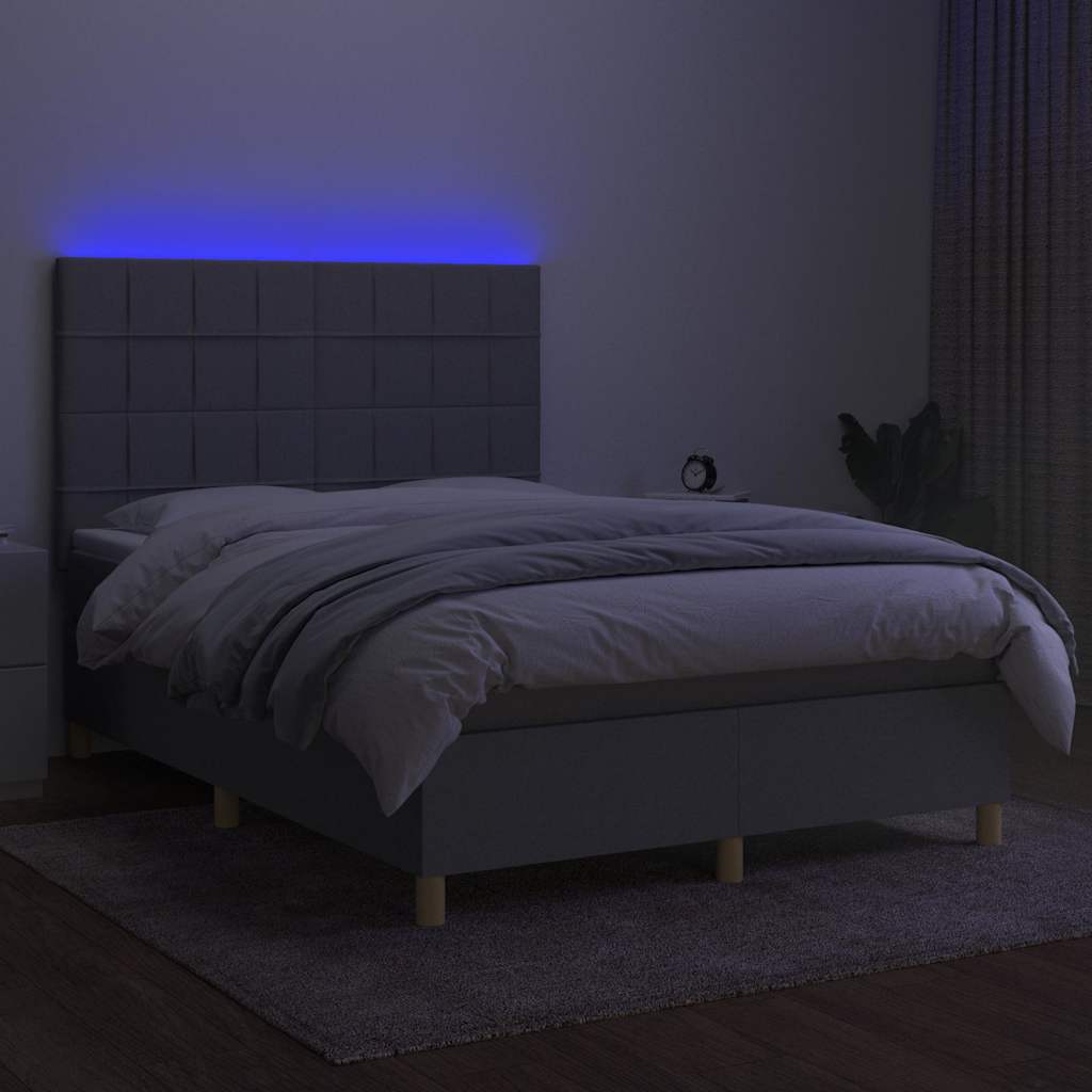 Krevet box spring s madracem LED svjetlosivi 140x200 cm tkanina