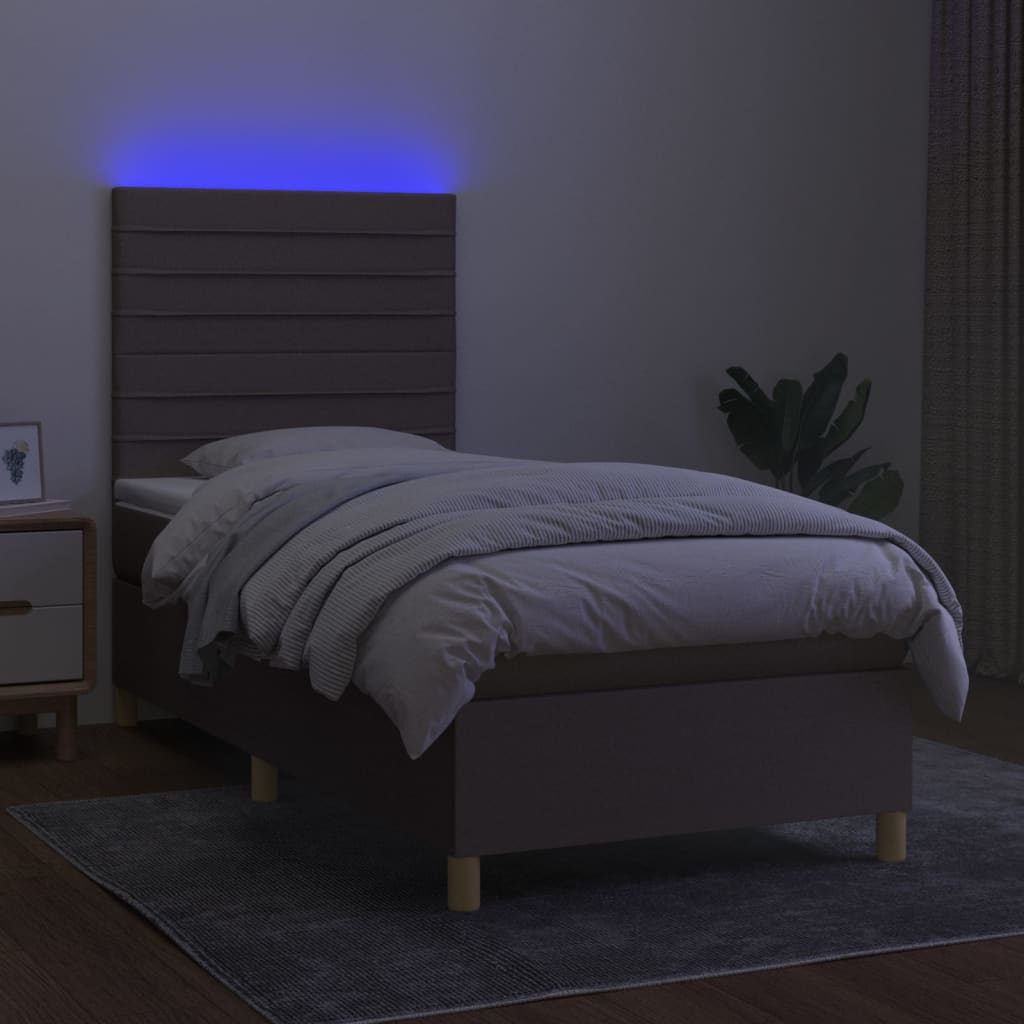 Krevet box spring s madracem LED smeđesivi 90x200 cm tkanina