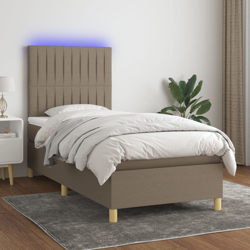 Krevet box spring s madracem LED smeđesivi 80 x 200 cm tkanina