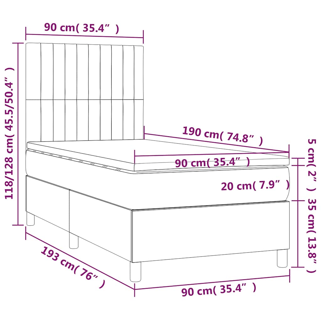 Krevet box spring s madracem LED krem 90x190 cm od tkanine