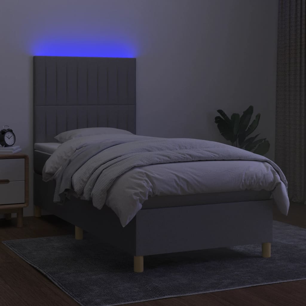 Krevet box spring s madracem LED svjetlosivi 100x200 cm tkanina