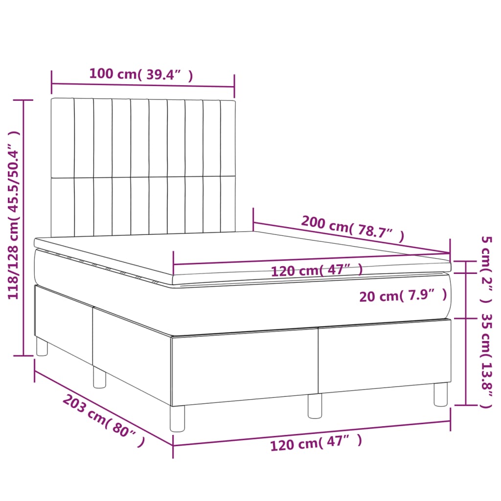 Krevet box spring s madracem LED smeđesivi 120 x 200 cm tkanina